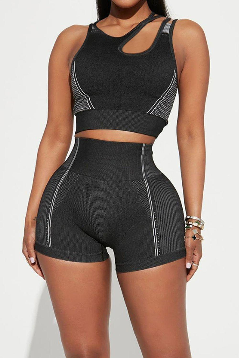 Asymmetrical Neck Striped Tank and Shorts Active Set - 808Lush