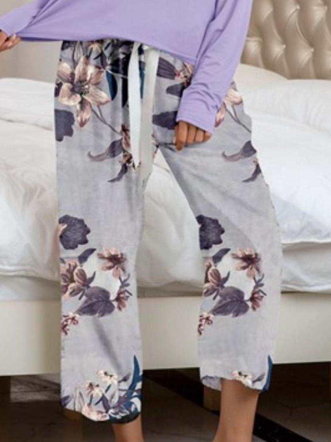 Round Neck Top and Printed Pants Lounge Set - 808Lush