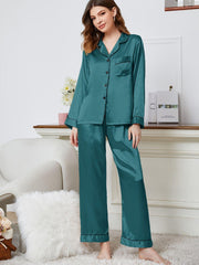 Lapel Collar Long Sleeve Top and Pants Pajama Set - 808Lush