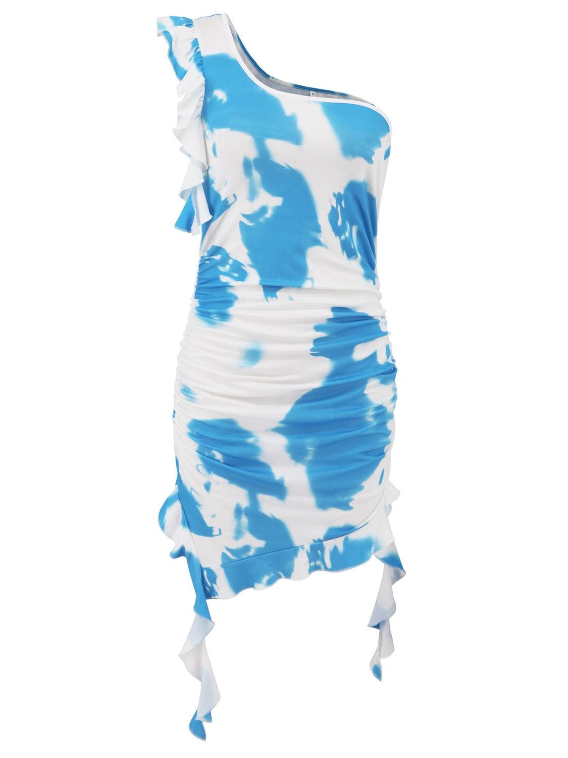 Ruffled Tie-Dye Single Shoulder Mini Dress - 808Lush