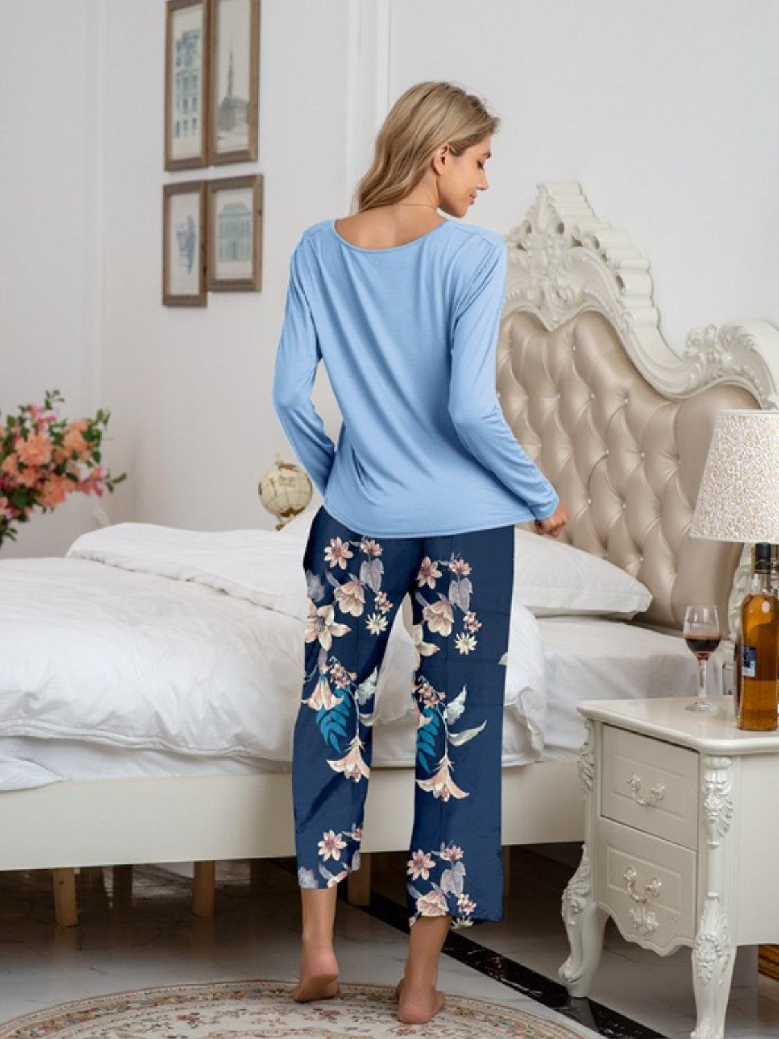 Round Neck Top and Printed Pants Lounge Set - 808Lush