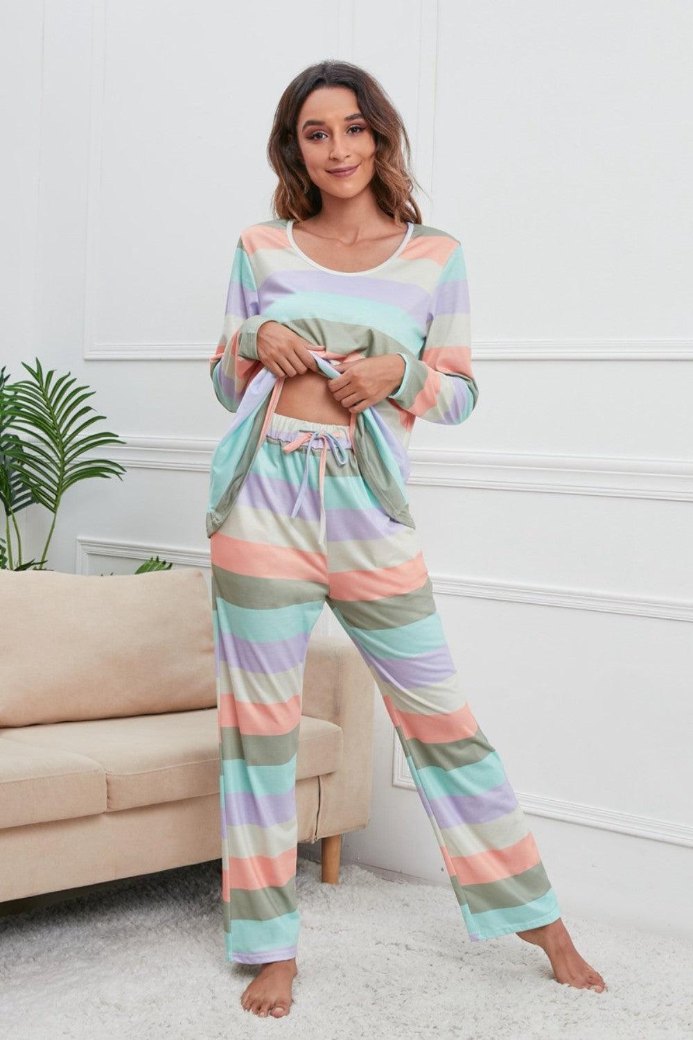 Striped Round Neck Long Sleeve Top and Drawstring Pants Lounge Set - 808Lush