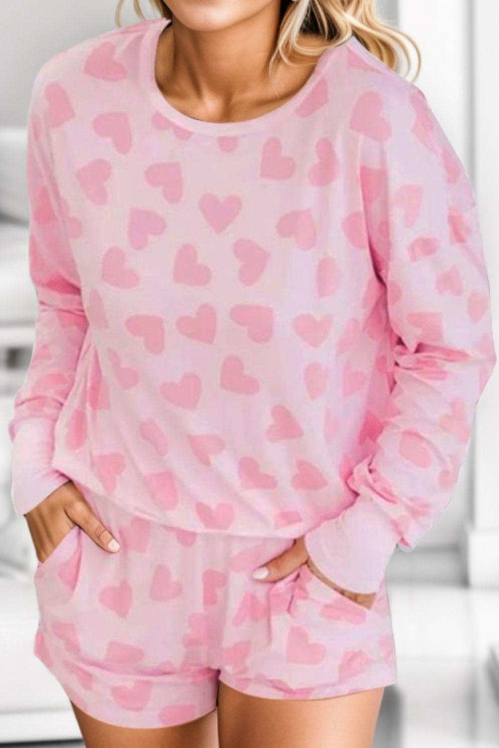 Heart Print Round Neck Top and Shorts Lounge Set - 808Lush