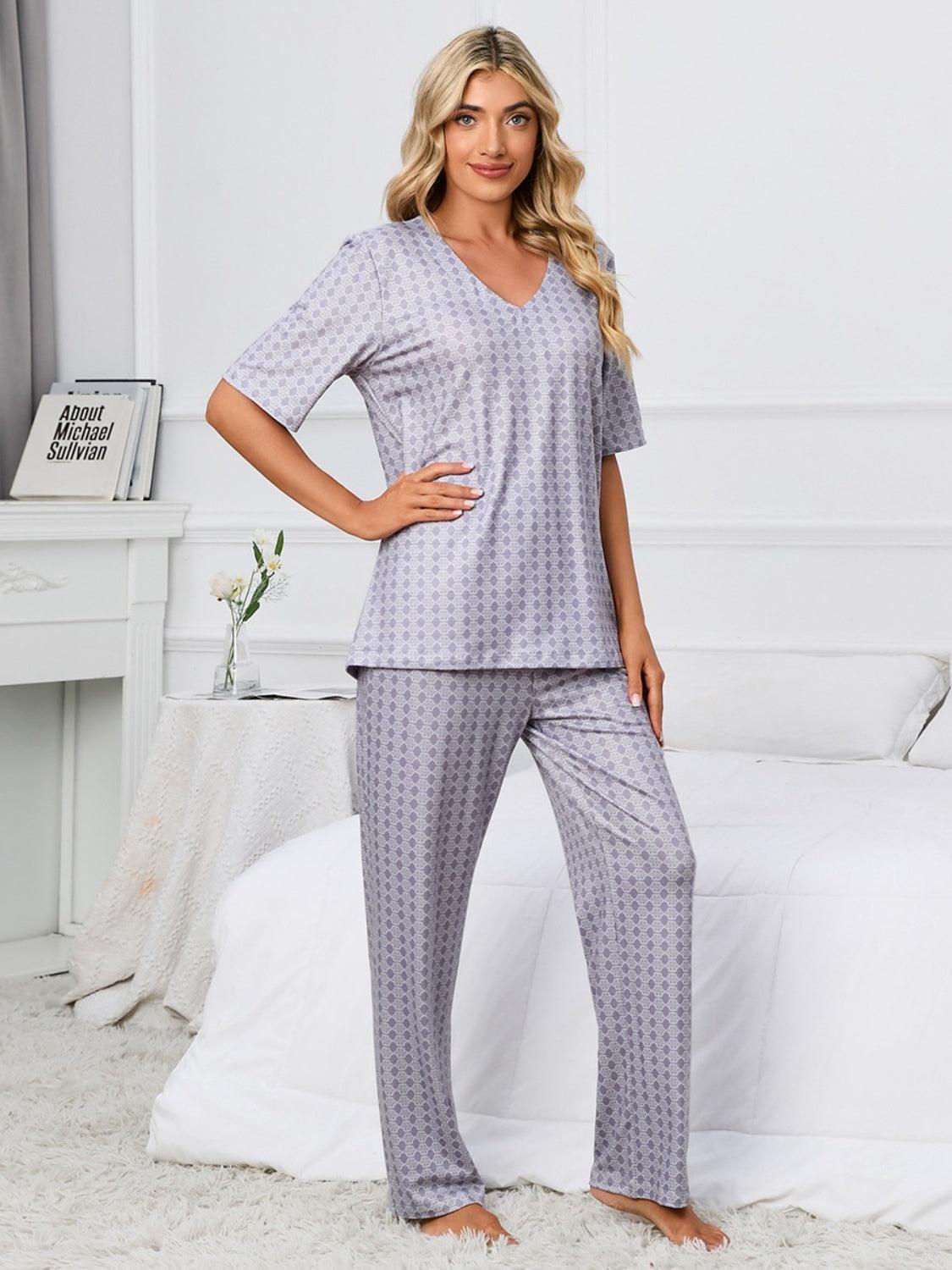 Printed V-Neck Top and Pants Lounge Set - 808Lush