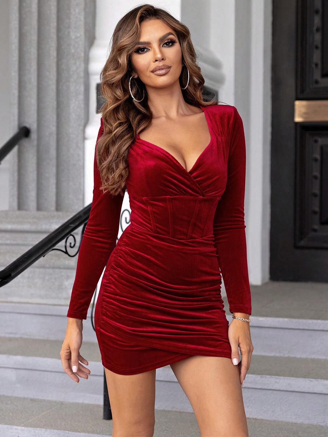 Ruched Surplice Long Sleeve Mini Dress - 808Lush