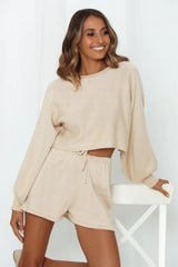 Round Neck Long Sleeve Top and Drawstring Shorts Lounge Set - 808Lush