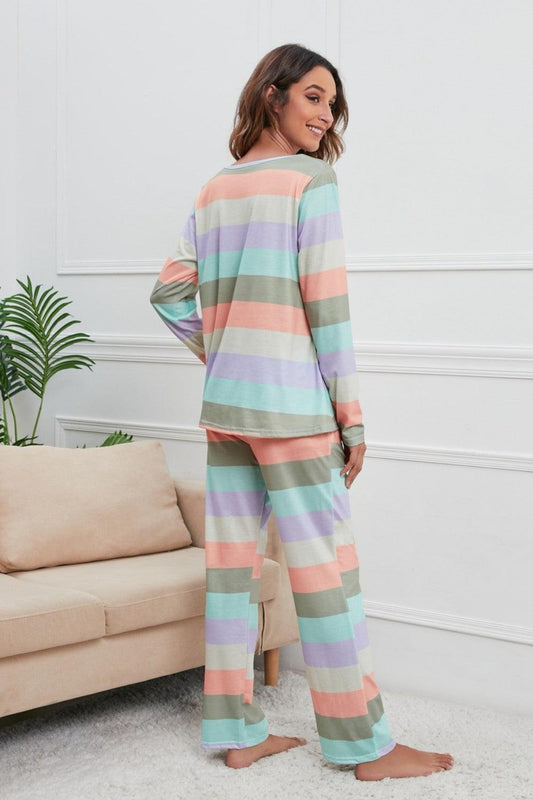 Striped Round Neck Long Sleeve Top and Drawstring Pants Lounge Set - 808Lush