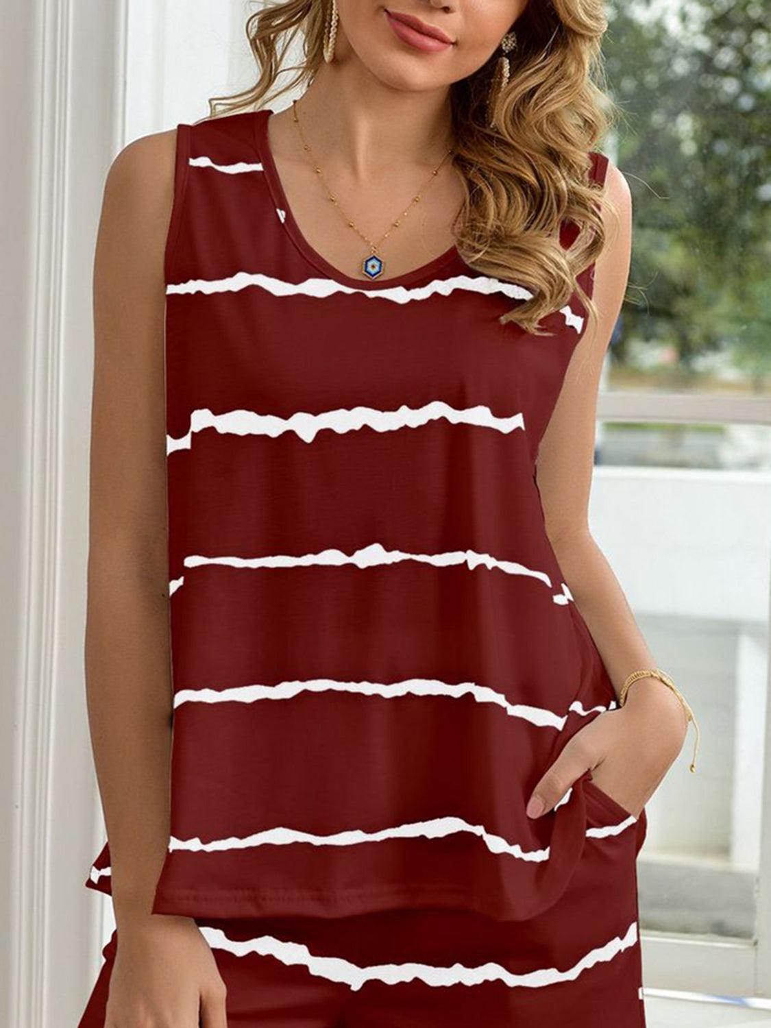 Striped Round Neck Tank and Shorts Lounge Set - 808Lush