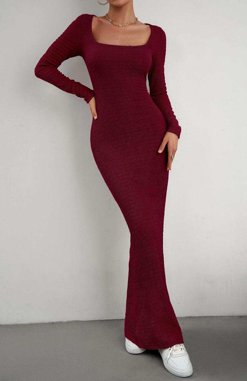 Long Sleeve Square Neck Maxi Bodycon Dress - 808Lush