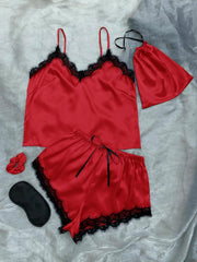 Lace Trim Cami, Shorts, Eye Mask, Scrunchie, and Bag Pajama Set - 808Lush