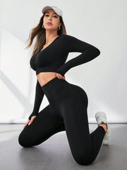 V-Neck Long Sleeve Top and Leggings Active Set - 808Lush