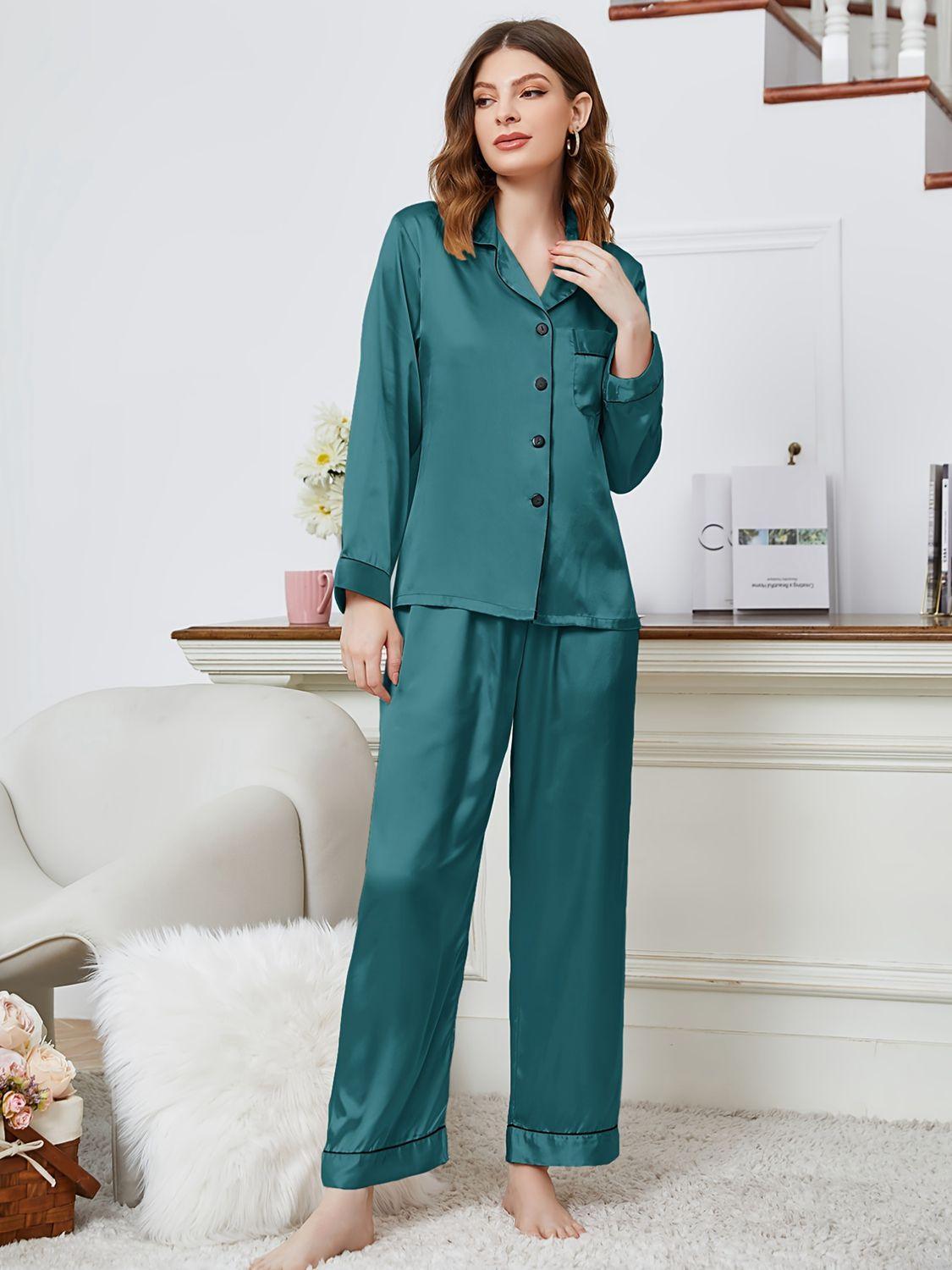 Lapel Collar Long Sleeve Top and Pants Pajama Set - 808Lush