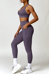 Ruched Halter Neck Bra and Pocketed Leggings Active Set - 808Lush