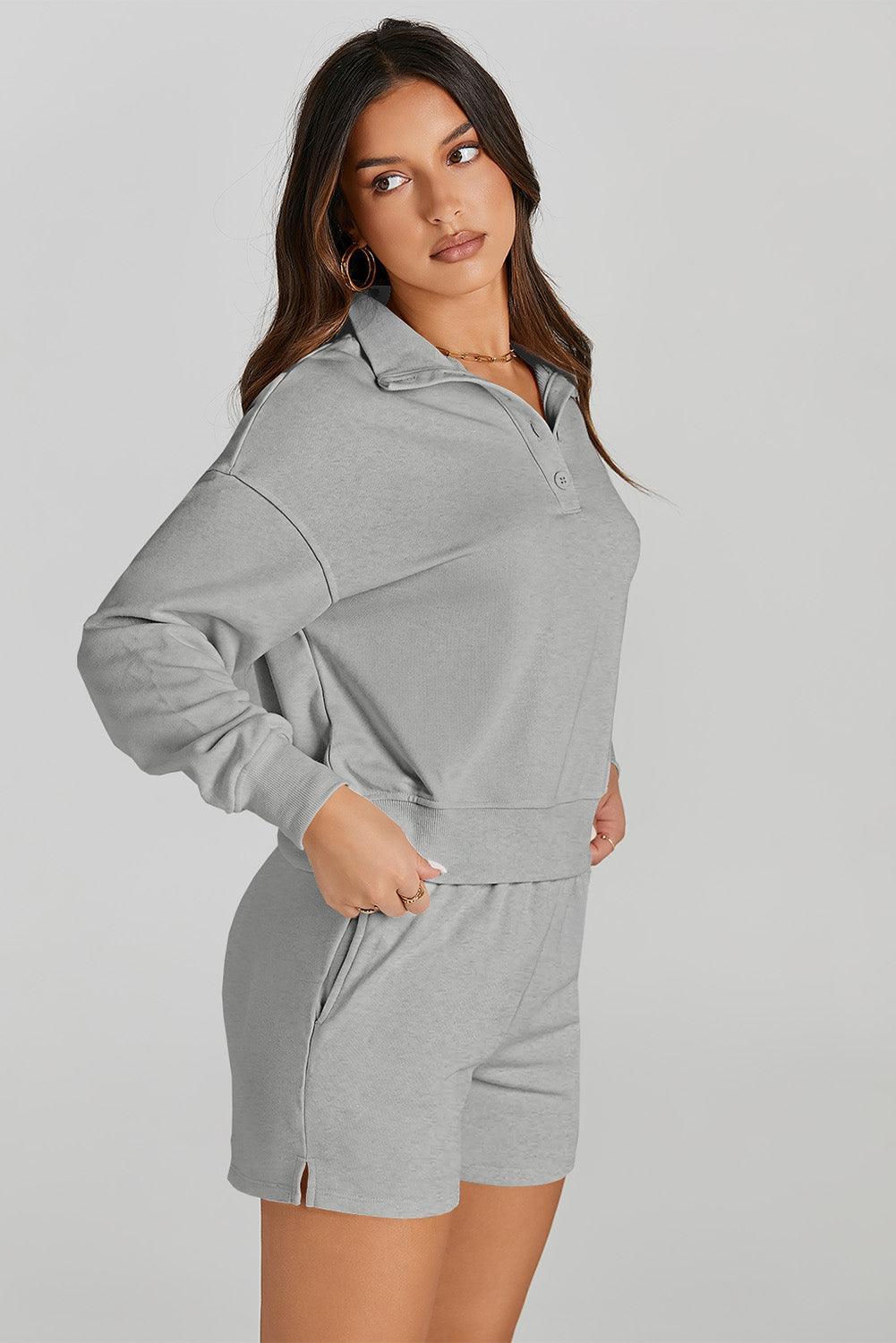 Half Button Sweatshirt and Shorts Active Set - 808Lush