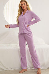 Contrast Piping Button Down Top and Pants Loungewear Set - 808Lush