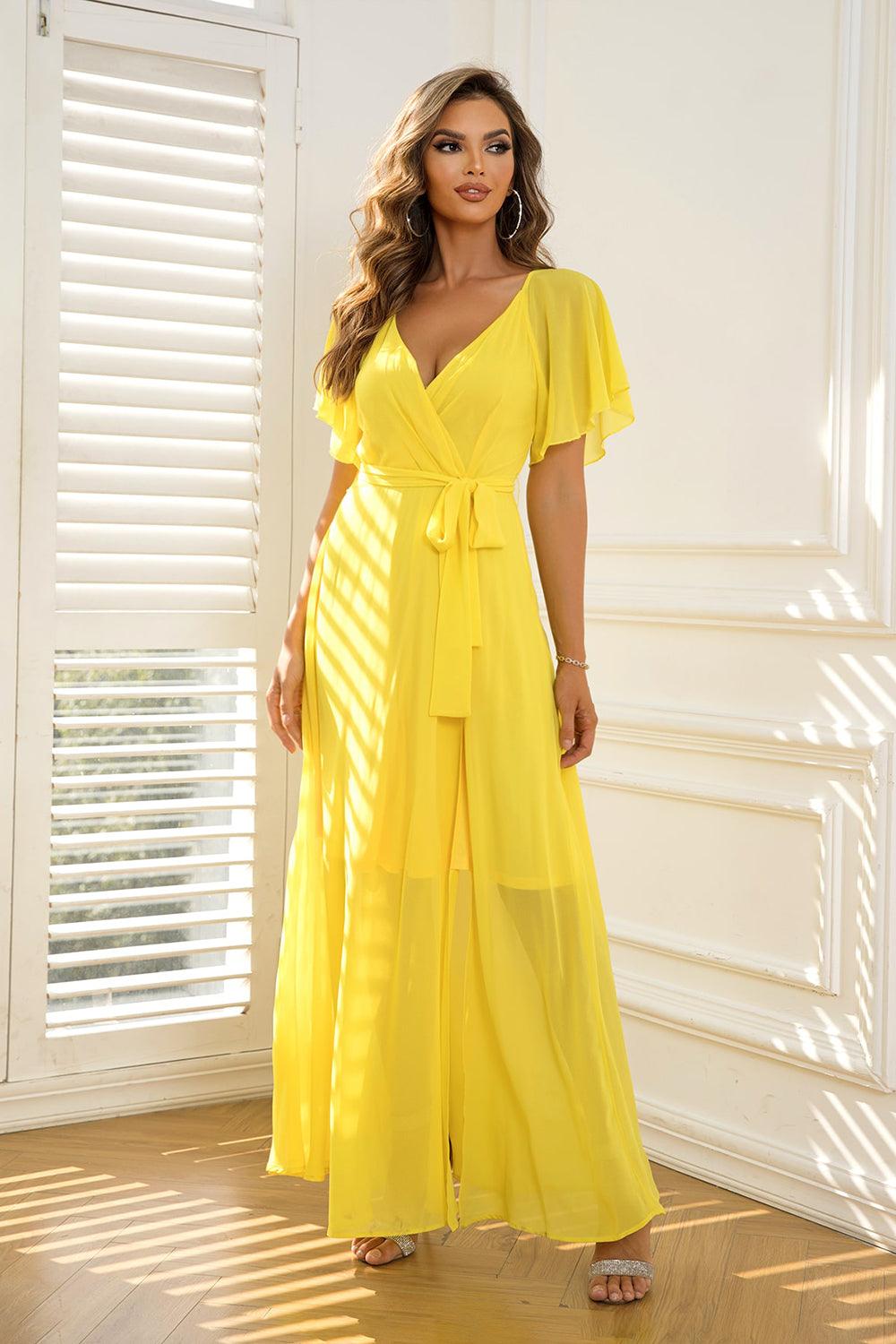 Tie Waist Flutter Sleeve Maxi Dress - 808Lush