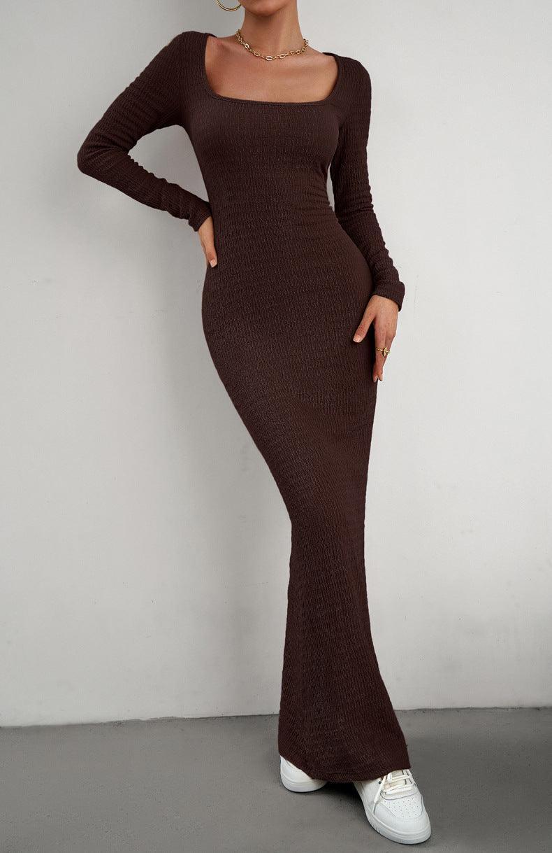 Long Sleeve Square Neck Maxi Bodycon Dress - 808Lush