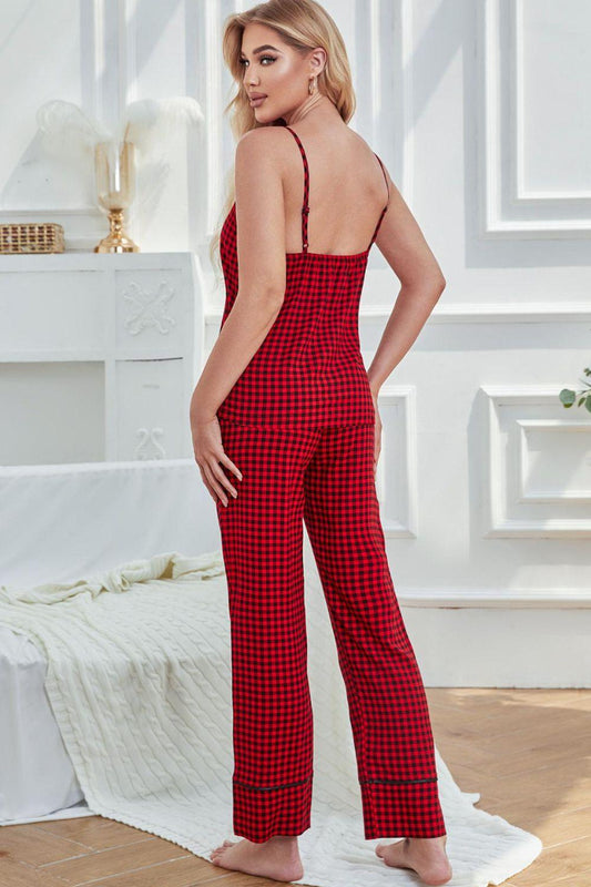 Gingham V-Neck Cami and Tied Pants Lounge Set - 808Lush