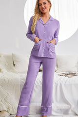 Contrast Lapel Collar Shirt and Pants Pajama Set with Pockets - 808Lush