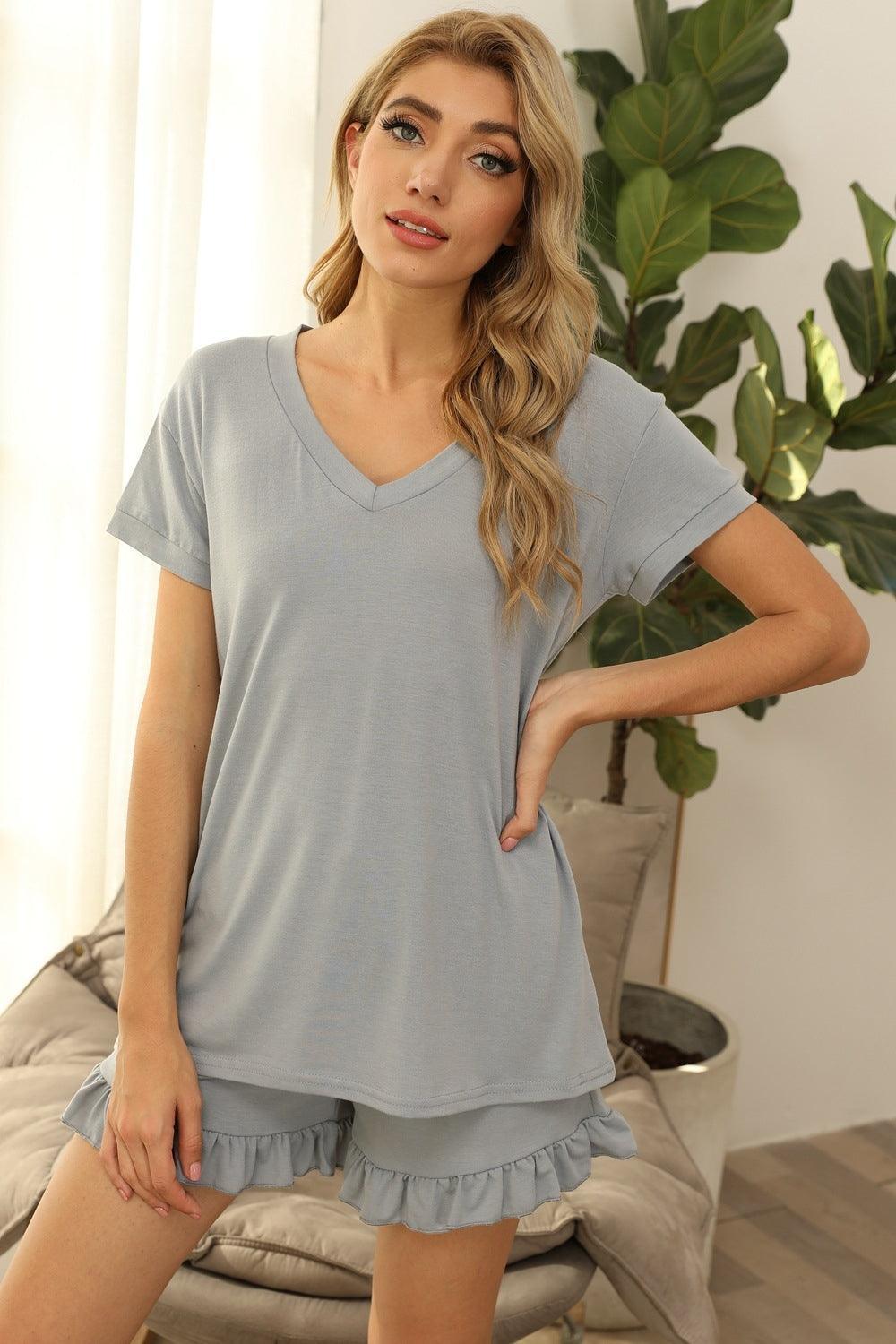 V-Neck Short Sleeve Top and Drawstring Shorts Lounge Set - 808Lush