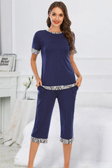 Round Neck Short Sleeve Top and Capris Pants Lounge Set - 808Lush