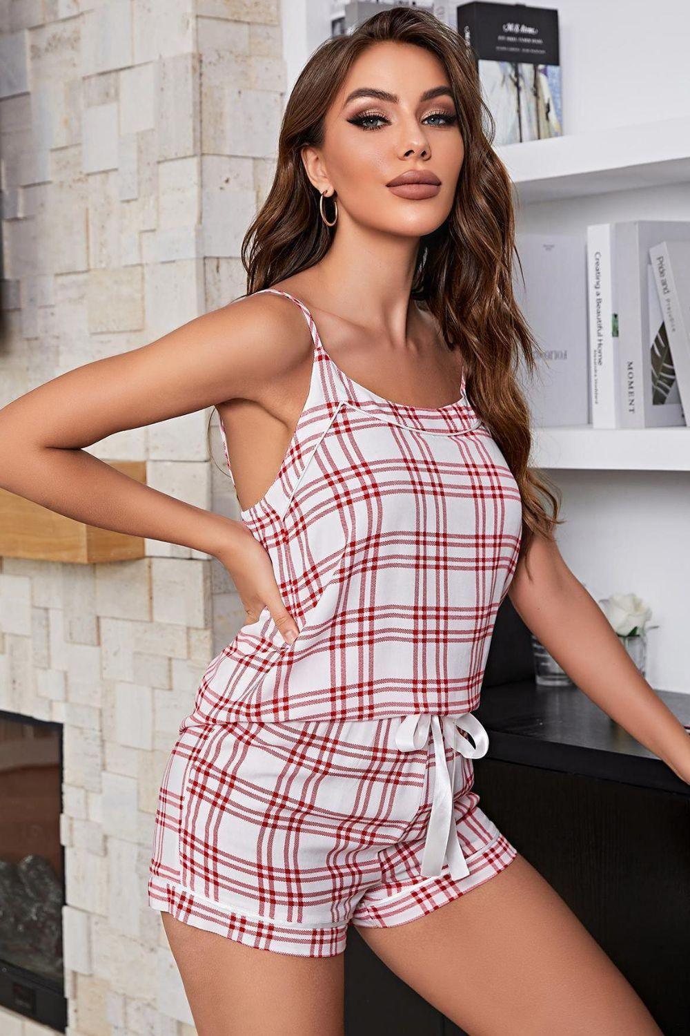 Plaid Cami and Tie-Front Shorts Pajama Set - 808Lush