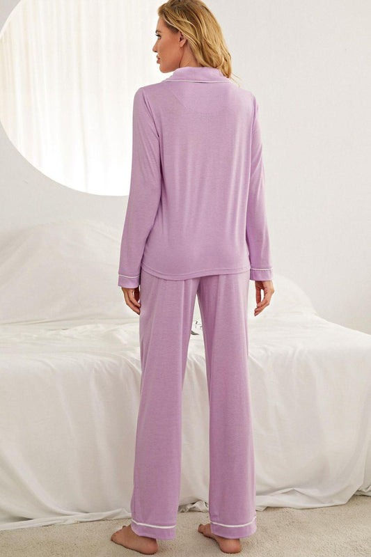 Contrast Piping Button Down Top and Pants Loungewear Set - 808Lush
