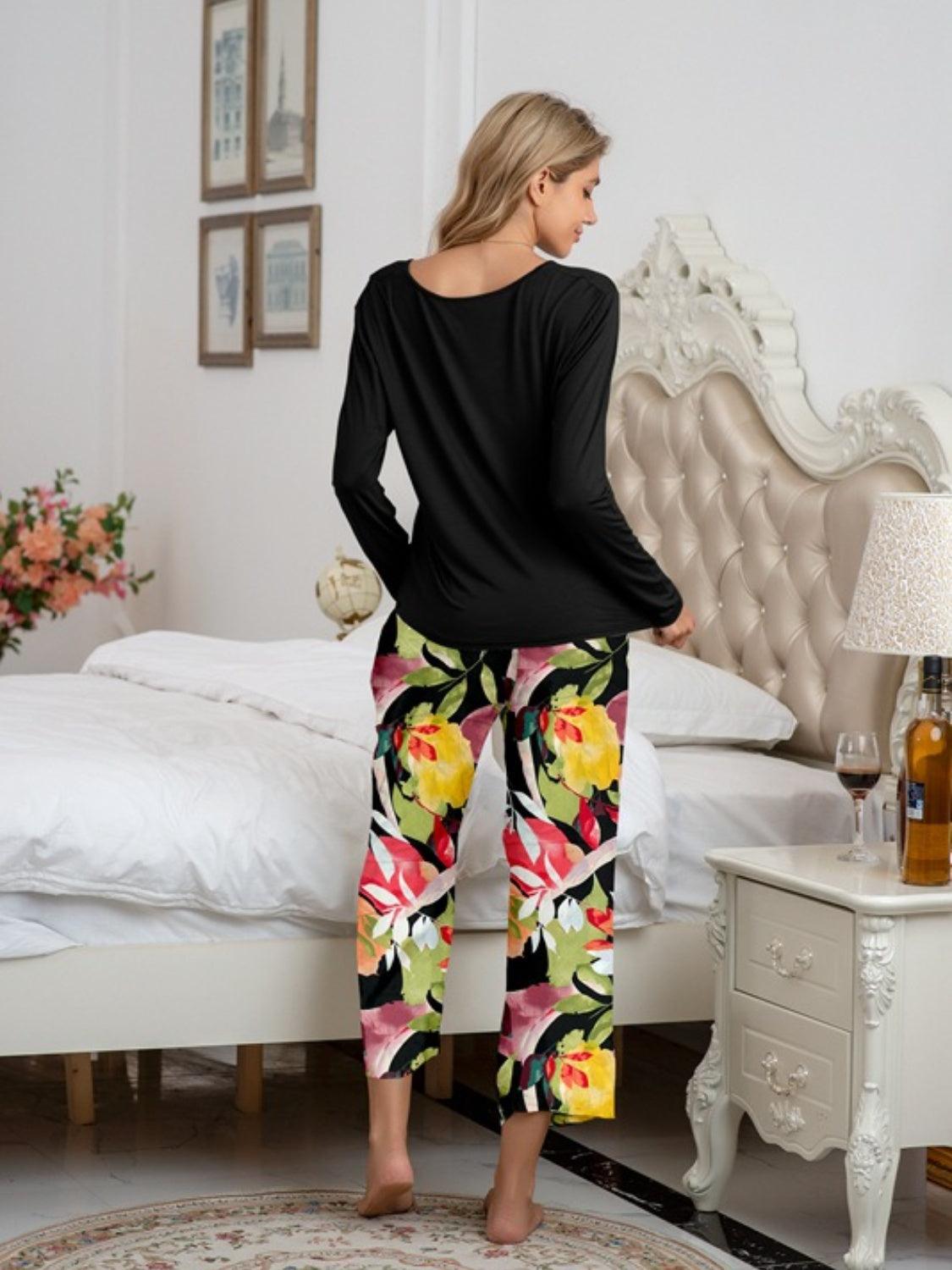 Round Neck Top and Printed Pants Lounge Set - 808Lush