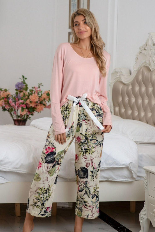 Round Neck Top and Printed Pants Lounge Set - 808Lush