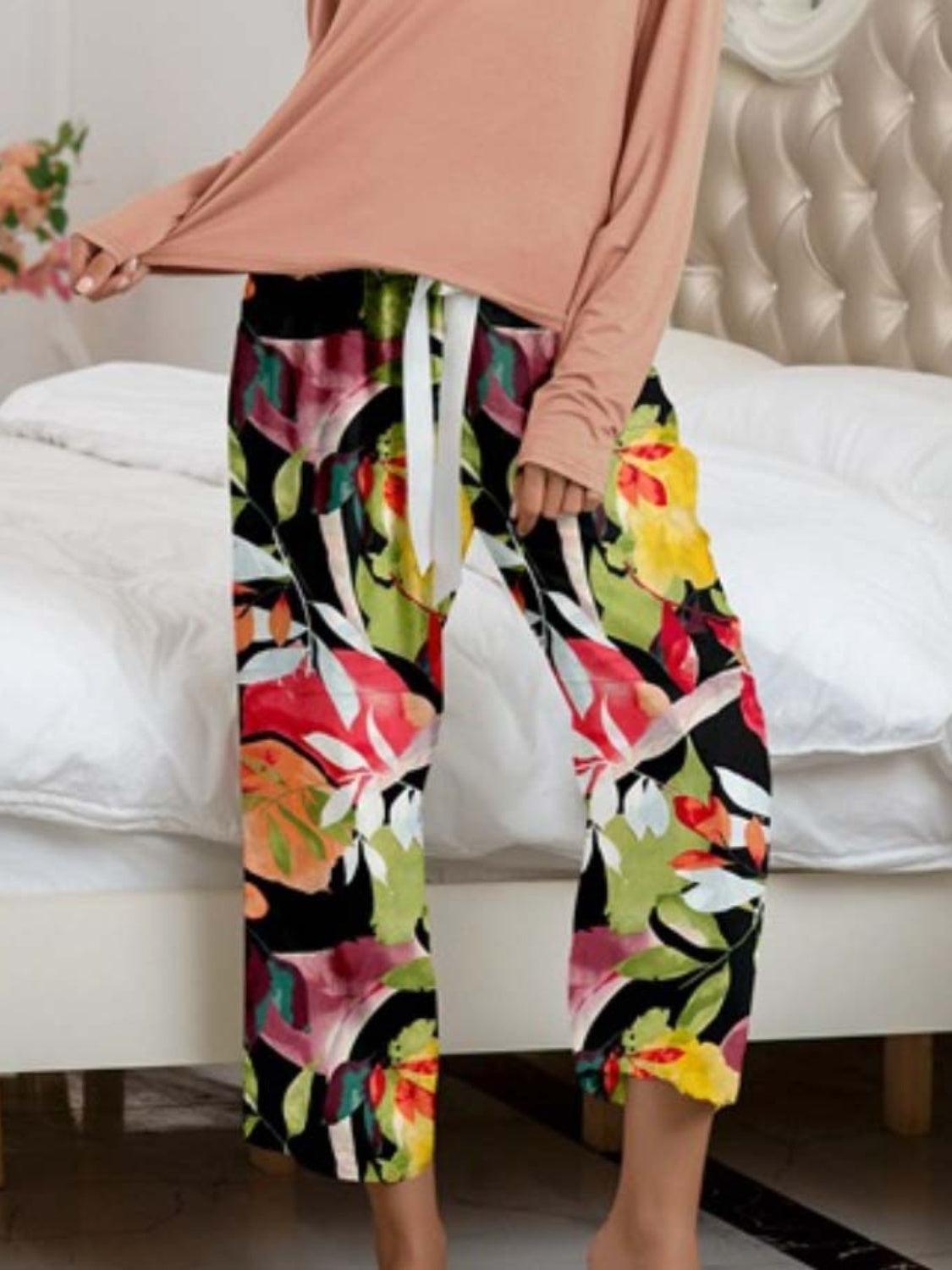 Round Neck Top and Printed Pants Lounge Set - 808Lush