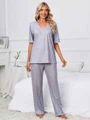 Printed V-Neck Top and Pants Lounge Set - 808Lush