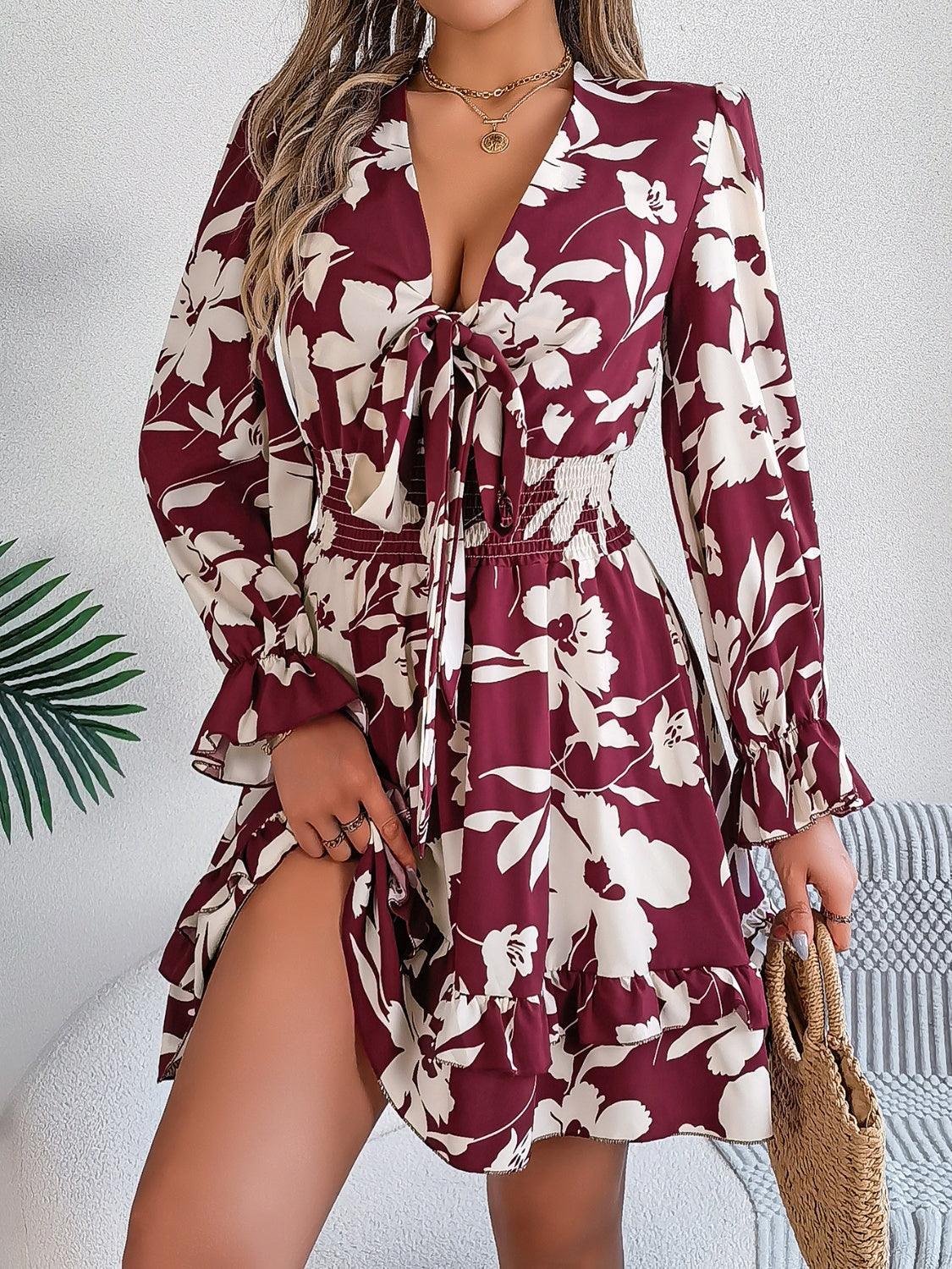 Tied Ruffled Printed Long Sleeve Dress - 808Lush