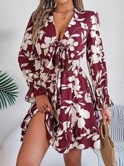 Tied Ruffled Printed Long Sleeve Dress - 808Lush