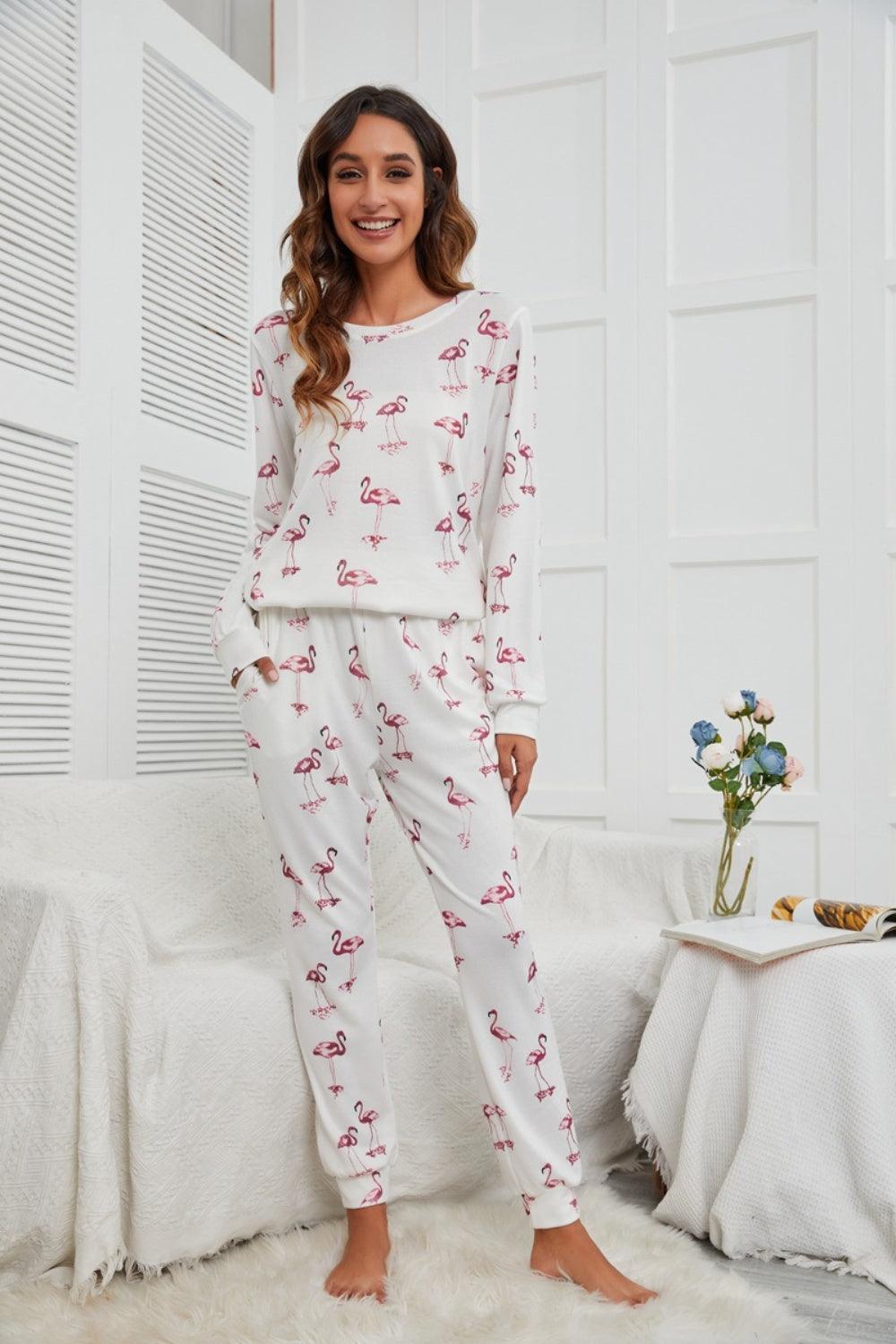 Flamingo Long Sleeve Top and Pants Lounge Set - 808Lush