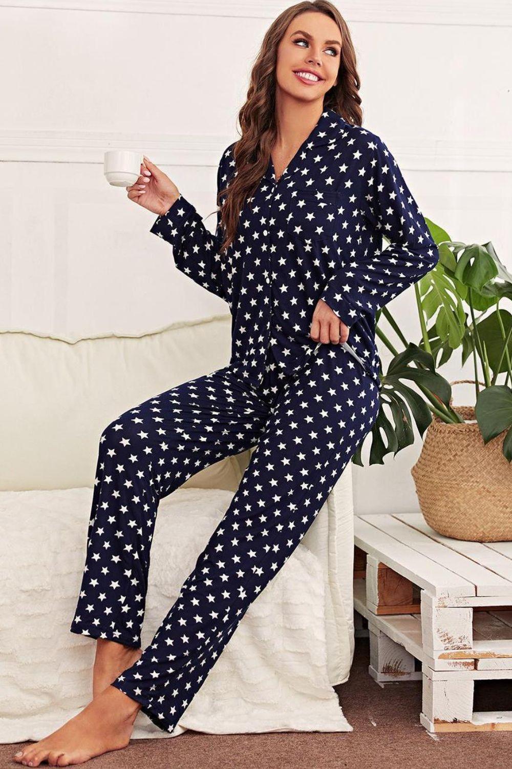 Star Print Button-Up Shirt and Pants Lounge Set - 808Lush