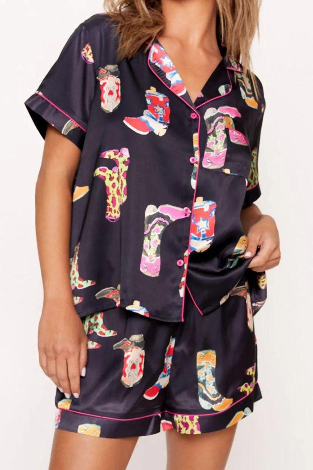 Printed Button Up Short Sleeve Top and Shorts Lounge Set - 808Lush