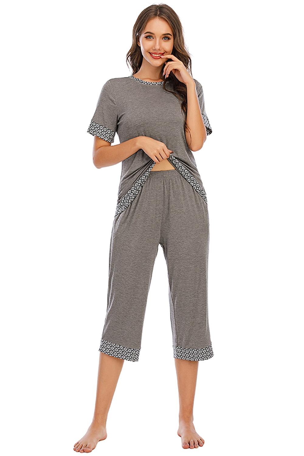 Round Neck Short Sleeve Top and Capris Pants Lounge Set - 808Lush