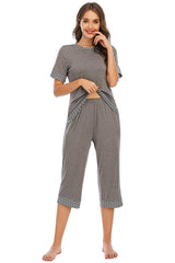 Round Neck Short Sleeve Top and Capris Pants Lounge Set - 808Lush