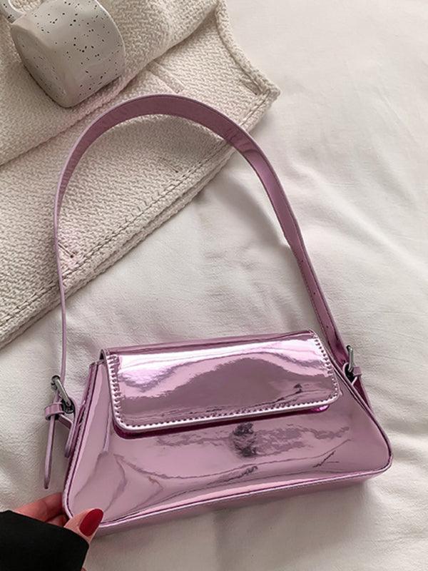 Fashion patent leather ladies baguette texture glossy underarm shoulder bag - 808Lush