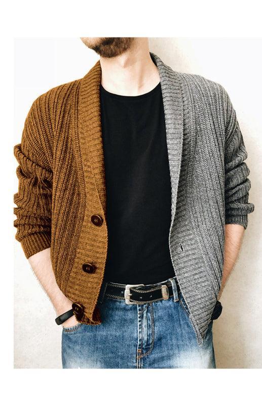 Men's Two Tone Patchwork Single Breasted Long Sleeve Sweater Cardigan - 808Lush