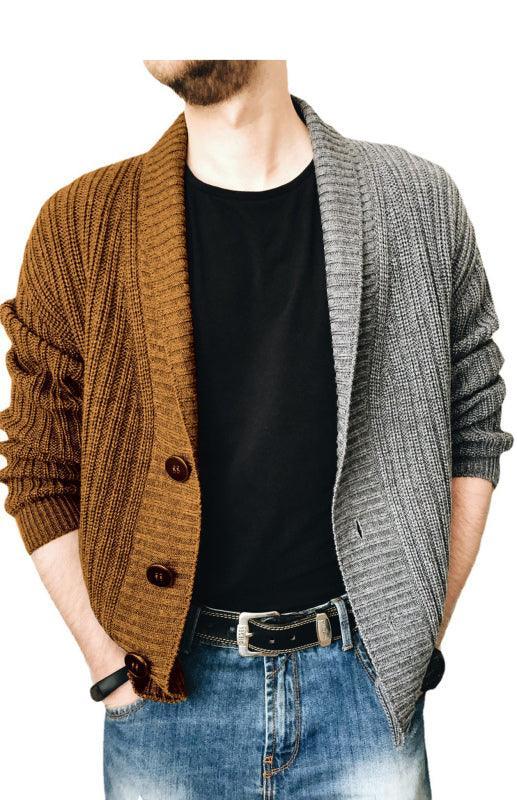 Men's Two Tone Patchwork Single Breasted Long Sleeve Sweater Cardigan - 808Lush