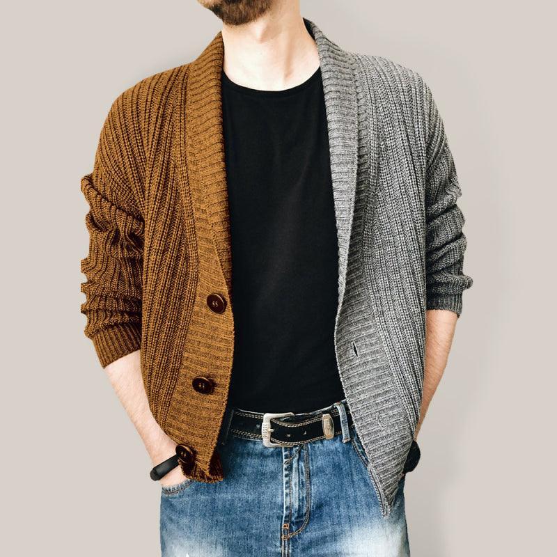 Men's Two Tone Patchwork Single Breasted Long Sleeve Sweater Cardigan - 808Lush