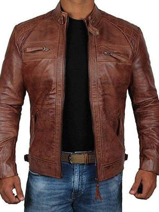 Men's Leather Jacket Stand Collar Punk Motorcycle Leather Slim Fit Jacket - 808Lush