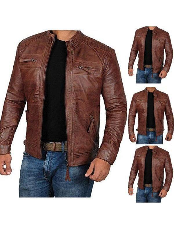 Men's Leather Jacket Stand Collar Punk Motorcycle Leather Slim Fit Jacket - 808Lush