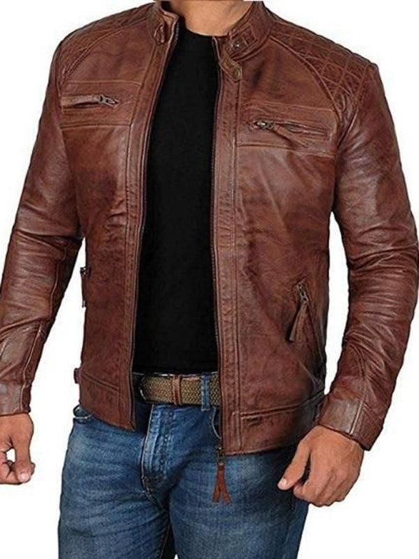 Men's Leather Jacket Stand Collar Punk Motorcycle Leather Slim Fit Jacket - 808Lush