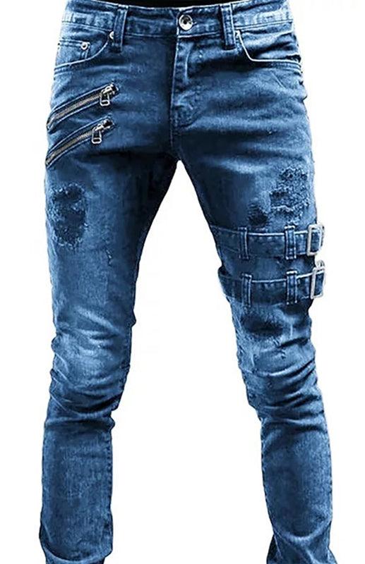 Men's Fashion Mid Waist Ripped Slim Jeans - 808Lush