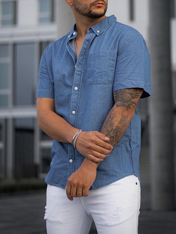 Men's Faux Denim Short Sleeve Shirt Casual Loose Shirt - 808Lush