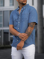 Men's Faux Denim Short Sleeve Shirt Casual Loose Shirt - 808Lush