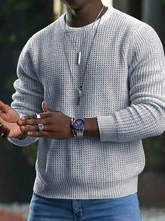 men's waffle all-match thin round neck long-sleeved sweater - 808Lush