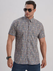 men's stretch leaf flower short-sleeved shirt - 808Lush